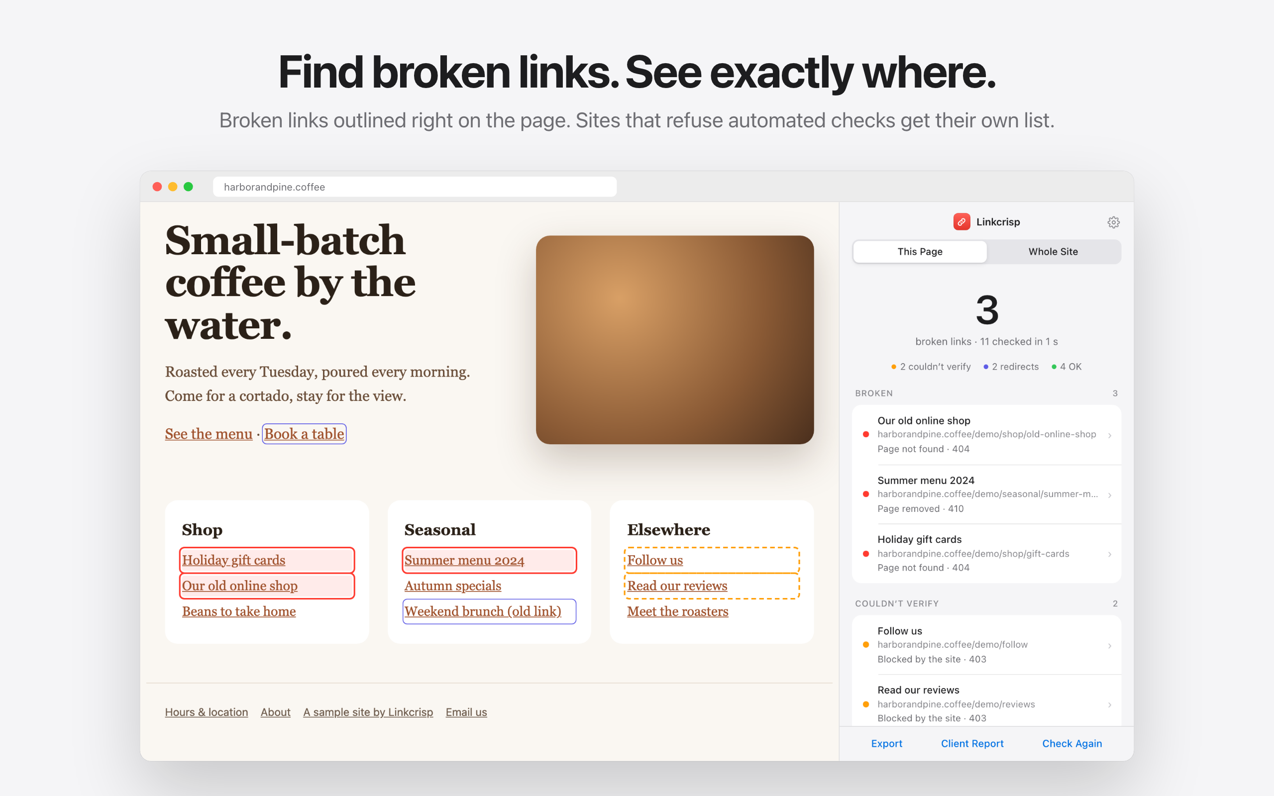 A web page with broken links outlined in red and the side panel listing 3 broken links
